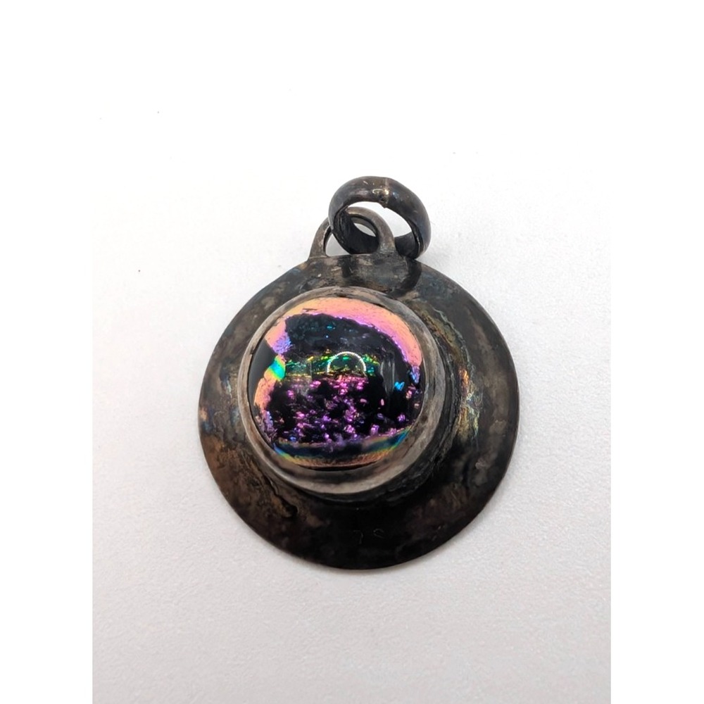 Vintage Dichroic Glass Style Pendant Silver Plated Iridescent Purple Artisan